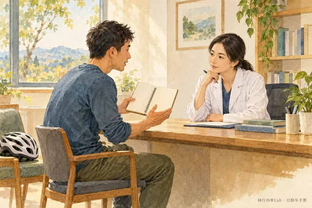 把症状记录带给专业人员，骑行建议不能替代医学评估。