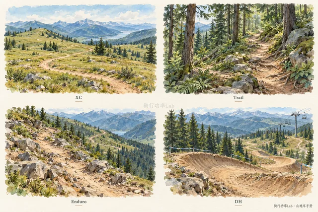 XC、Trail、Enduro 与 DH 的地形和用途场景举例；不表示统一难度等级，同一类别内也有差异。