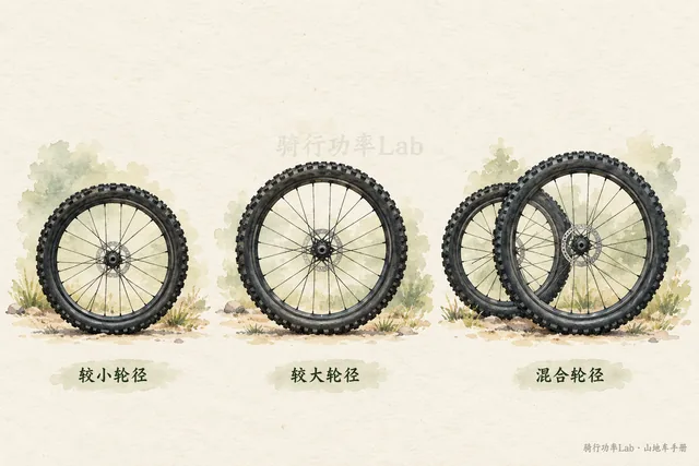 较小、较大与混合轮径的概念对照；图中不表示精确尺寸比例，实际兼容性按车架与前叉文件核对。