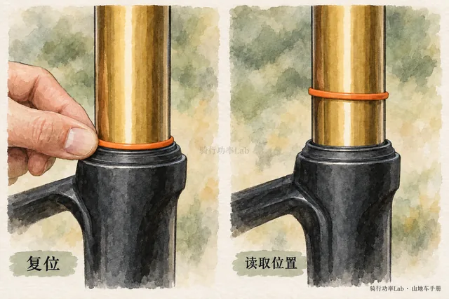 按对应型号说明完成加载与下车步骤后，读取防尘封与 O 圈之间的位移；读数前不要移动 O 圈。图示不提供通用 Sag 比例。