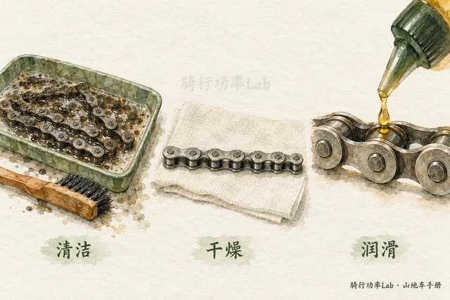 清洁、干燥后再按链条与润滑产品说明润滑，处理完成后擦去外部多余油液；图中不是拆链操作教程。